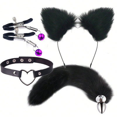 4pcs/Set Anal Sex Toys Fox Tail Butt Plug Sexy Plush Cat Ear Headband with Necklace Set Massage Nipple Clips with Bow and Bell Sex Toys Women Couples Cosplay Sex Toys Sexy Product for Adult Tools Sex