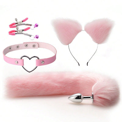 4pcs/Set Anal Sex Toys Fox Tail Butt Plug Sexy Plush Cat Ear Headband with Necklace Set Massage Nipple Clips with Bow and Bell Sex Toys Women Couples Cosplay Sex Toys Sexy Product for Adult Tools Sex