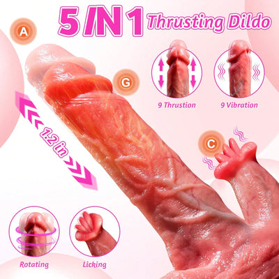 Realistic Thrusting Dildo Licking Vibrator - 5 in 1 Sex Toys Dildos with 9 Vibrating 9 Thrusting Heating & Tongue Licking Modes for G Spot Anal Stimulation, Silicone Anal Dildo for Women and Couple