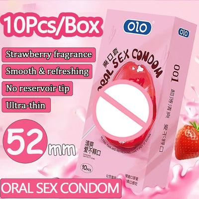OLO 10Pcs Oral Sex Condoms with Strawberry Taste Safe Sex Penis Sleeve Condom Intimate Goods Tongue Sex Lick Dick Toys for Adult
