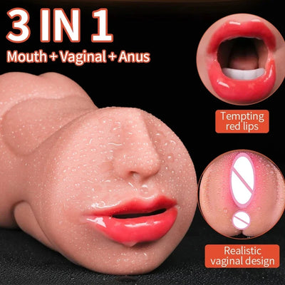 3 in 1ช่องคลอดเทียมสำหรับผู้ชายถ้วยสำเร็จความใคร่ด้วยซิลิโคนช่องคลอดแท้ทางปากช่องคลอดทวารหนักเซ็กซ์ทอยตูดสำหรับการสำเร็จความใคร่