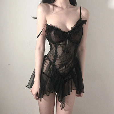 Sexy Lingerie Set, Transparent See Through Sleepwear, Strappy Uniform Teddy, Romantic Role Play Outfit for Women