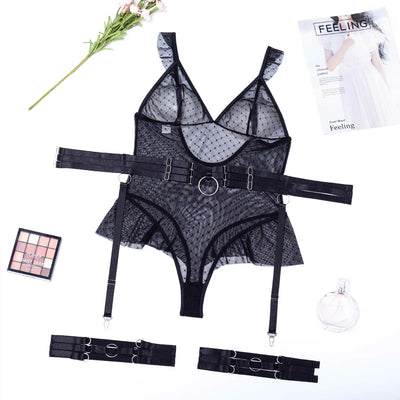 Sexy Dot Lace Bodysuit with Waist Garter Belt Eco-Friendly Packing Thailand Sex Toys