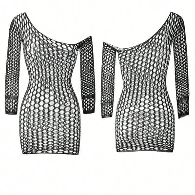 Women Sexy Fishnet Elastic Dress Erotic Lingerie Mesh Hollow Perspective Bodycon Sheath for Sex Clothes Long Sleeves Sleep Dress