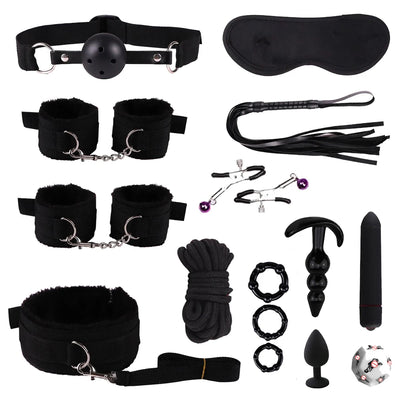 15 Piece BDSM Bondage Set Sexy Plush Handcuffs Whip Big Mouth Balls Teethers Nipple Clamps Couple Sex Toys Adult Bedding