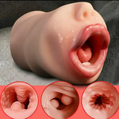 Realistic Silicone Tongue Vagina Real Pussy Deep Oral Masturbation Cup Dual Open Mouth Teeth Male Masturbator Sex Toys for Men