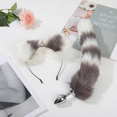 Fox Tail Metal Butt Anal Plug Cute Bow-Knot Soft Cat Ears Headbands Set Erotic Cosplay Accessories Adult Sex Toys for Couples